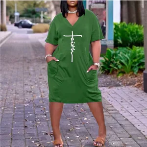 Deep green loose V-neck plus size dress with faith cross print and side pockets