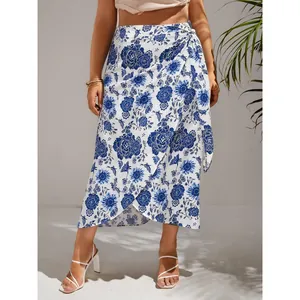 Plus Size Women Floral Print Wrap Midi Skirt High Waist Tied Side Slit Bohemian Beach Vacation Skirt Casual Bottom Blue