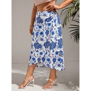 Blue and white floral print wrap skirt with high waist and asymmetric hem for summer