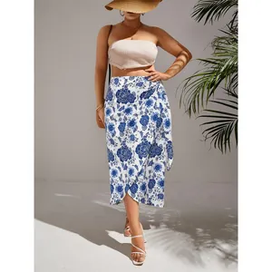 Elegant floral print wrap midi skirt for women with blue and white porcelain pattern