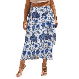 Women's blue and white floral wrap skirt with tie side for beach holiday wear