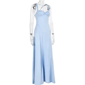 Detail of light blue strapless dress with ruched knot design and slim fit waist