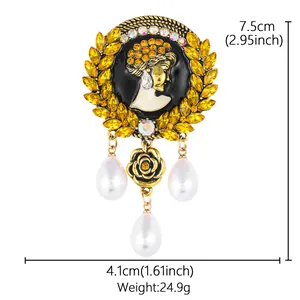 Detailed view of vintage cameo brooch with dimensions 7.5cm by 4.1cm and crystal accents