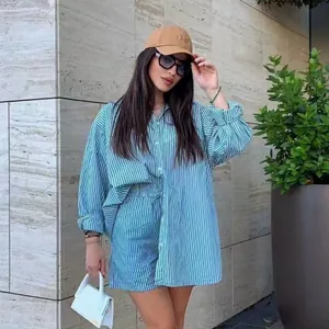 Women casual blue and white striped shirt and shorts set for summer style
