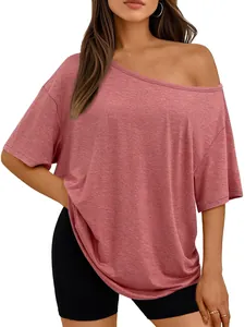 Close-up of rose pink off-shoulder t-shirt fabric texture and loose fit design