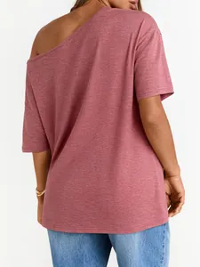 Detail view of the back showing a plain solid color off-shoulder short sleeve t-shirt