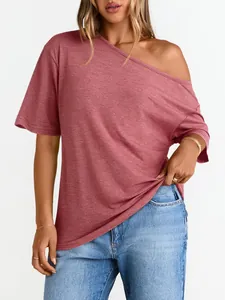Close-up of dusty rose off-shoulder short sleeve tee showing soft fabric texture