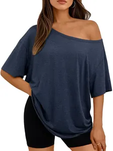 Detailed view of dark blue off-shoulder T-shirt fabric and loose fit design