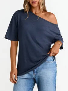 Detail of navy off-shoulder short sleeve tee with premium marled texture and relaxed fit