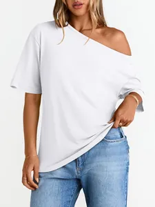 Detail of white off-shoulder short sleeve T-shirt showing smooth cotton knit texture