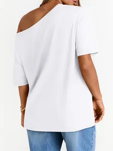 Detail of white off-shoulder short sleeve T-shirt back view in soft jersey fabric