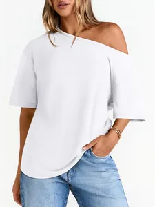 Detail of white one-shoulder t-shirt with breathable fabric and loose casual fit