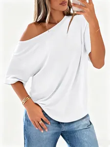 Detail of white off-shoulder short sleeve T-shirt with soft fabric texture and casual fit