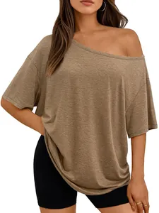 Women's casual off-shoulder short sleeve T-shirt in khaki brown knit fabric