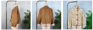 Detail view of reversible sherpa fleece jacket with suede stitching and button closure