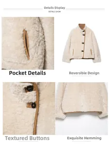 Detail of reversible faux shearling jacket with contrast piping and textured buttons