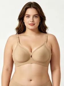 Close-up of seamless beige wire-free bra with teardrop cutout and wide straps