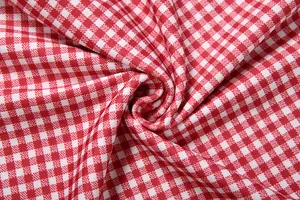 Détail macro du tissu à carreaux vichy rouge et blanc avec texture tissée classique