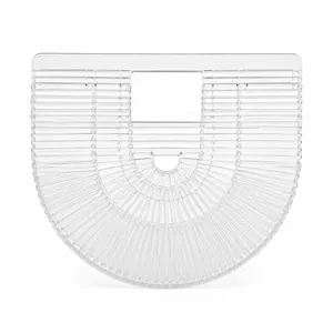 Macro detail of clear acrylic basket bag showing transparent cutout structure and handle