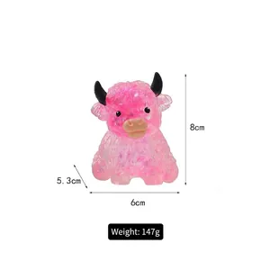 Pink translucent highland cow squeeze toy with dimensions 8cm height and 147g weight