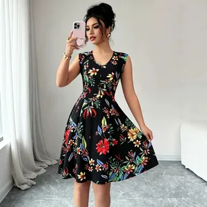 Robe Midi Imprimée Florale Col en V d'Été pour Femmes Sexy Feuilles Tropicales Ligne A Coupe Mince Décontractée Vacances