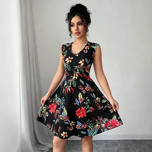 Robe d'été sans manches à col en V avec imprimé fleuri coloré et coupe trapèze