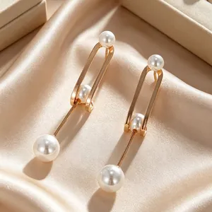 Retro Elegant Artificial Pearl Drop Earrings For Women Luxury Cubic Zirconia Copper Gold Plated Long Geometric Jewelry
