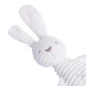 Detail of soft cream corduroy plush bunny with delicate embroidered facial features
