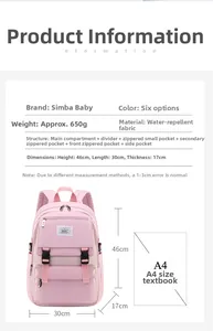 Detail view of 650g waterproof school backpack with dimensions 46x30x17cm and multiple pockets
