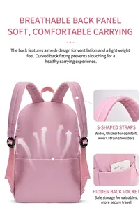 Ergonomic breathable mesh back and S-shaped padded straps of the pink school backpack