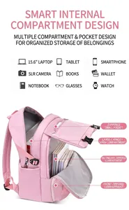 Pink school backpack with multi-layer pockets holding a laptop, books, and accessories