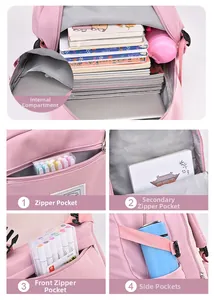 Detailed view of the pink student backpack showing multiple compartments and large capacity