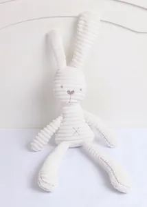 Close-up of white corduroy plush rabbit showing detailed stripe texture and facial embroidery