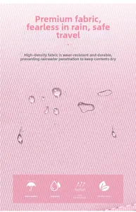 Close-up of high-density pink waterproof fabric for student backpack showing water droplets