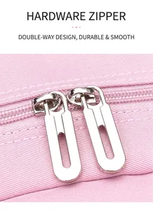 Detailed close-up of premium silver dual metal zippers on a pink fabric school backpack
