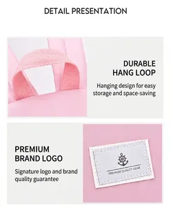 Detailed view of pink schoolbag hanging strap and ZMBABY brand logo patch