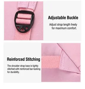 Detail of adjustable shoulder strap buckle and reinforced stitching on pink school bag