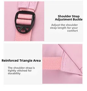 Detail of adjustable shoulder strap buckle and reinforced stitching on pink school bag
