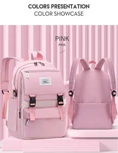 Front and back view of a pink waterproof nylon school backpack with wide straps