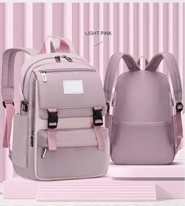 Front and back view of light pink primary school backpack with durable straps