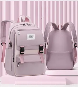 Front and back view of light pink primary school backpack with durable straps