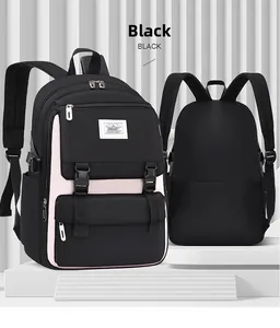 Front and back view of durable black school backpack with breathable mesh shoulder straps