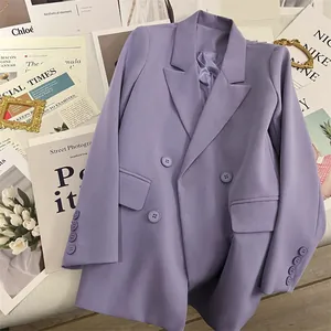 Detailed view of lilac double-breasted blazer lapel with elegant button accents