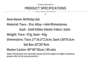 Spécifications de taille pour serre-tête anniversaire strass et écharpe à paillettes
