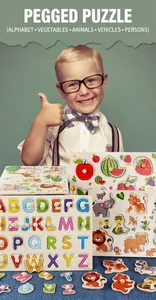 Macro detail of wooden alphabet puzzle with colorful letters and easy-grip knobs