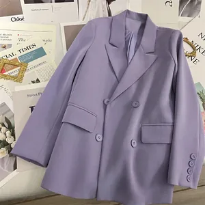 Detailed close-up of lavender double-breasted blazer with buttons and flat pockets