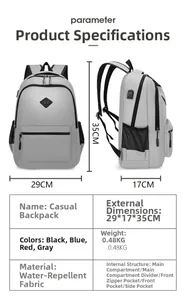Waterproof light gray backpack specs: 29x17x35cm, lightweight 0.48kg with multi-pocket layout