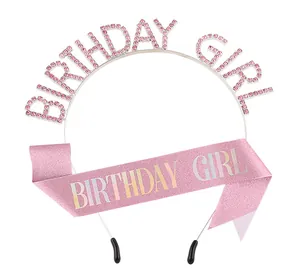 Ensemble serre-tête Birthday Girl en strass roses et écharpe pailletée pour anniversaire