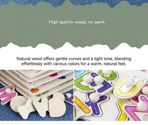 Close-up of wooden alphabet puzzle board with mushroom handles and educational letters
