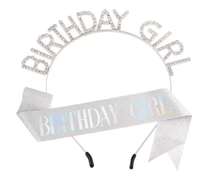 Ensemble diadème strass Birthday Girl argenté avec écharpe pailletée pour anniversaire